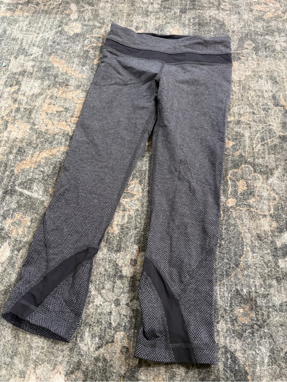 lululemon athletica Gray Herringbone Crop Leggings with Black Mesh Trim